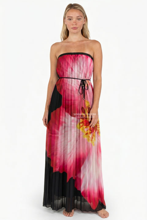 Pleated Hibiscus Bandeau Maxi Dress