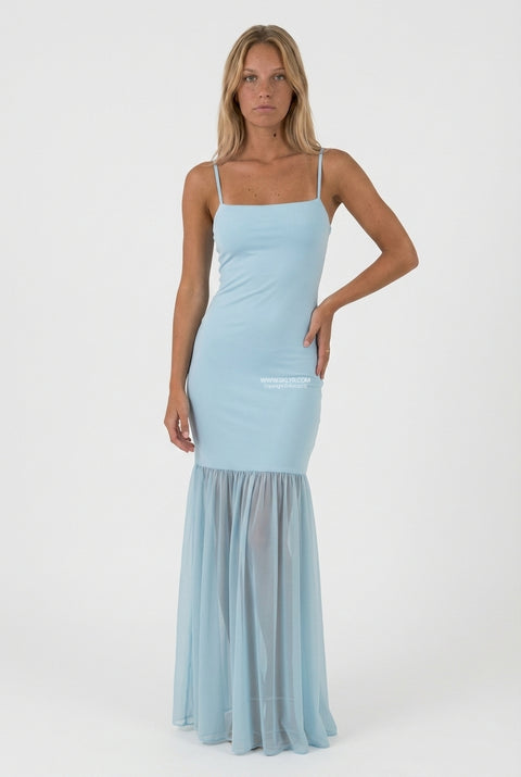 Sky Blue Fitted Maxi Dress with Sheer Hem