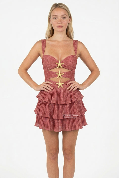 Rust Red Starfish Cutout Ruffle Mini Dress