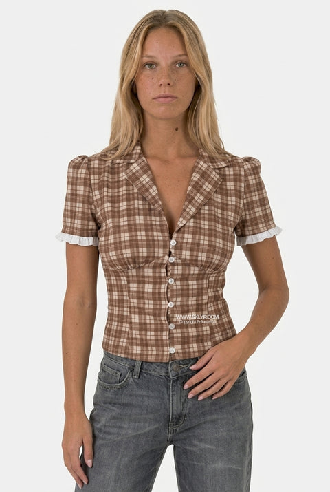 Brown Gingham Check Crop Top