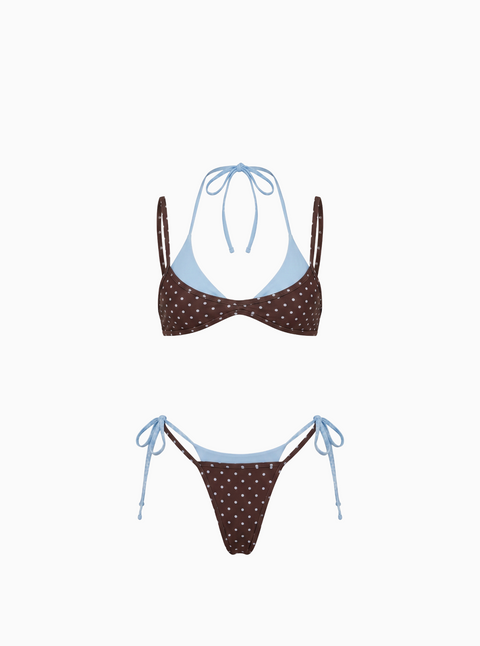 Polka Dot Contrast-Trim Bikini Set - Brown/Brown/Blue