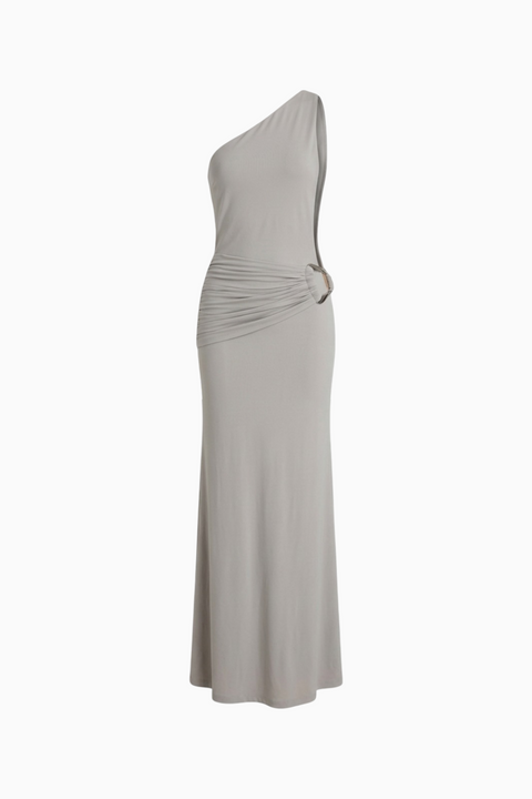 Grey One-Shoulder Ruched Maxi Dress