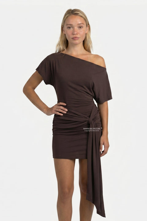 Brown Ruched Asymmetrical Draped Mini Dress