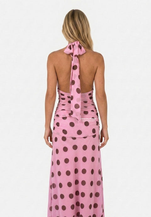 Pink Polka Dot Halter Maxi Dress