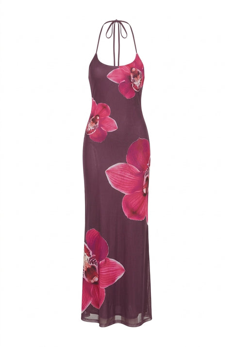 Plum Orchid Beaded Halter Maxi Dress