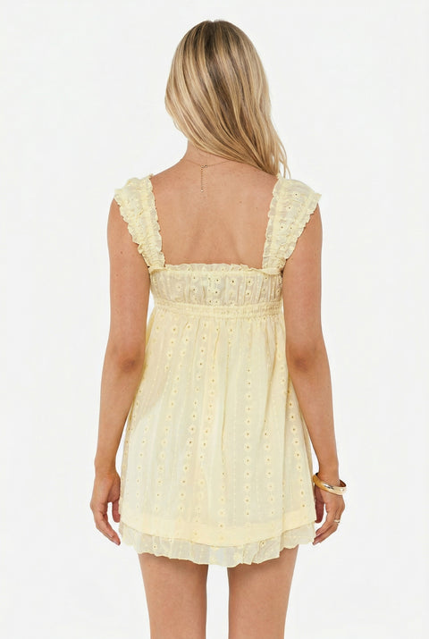 Pale Yellow Eyelet Ruffle Strap Babydoll Mini Dress