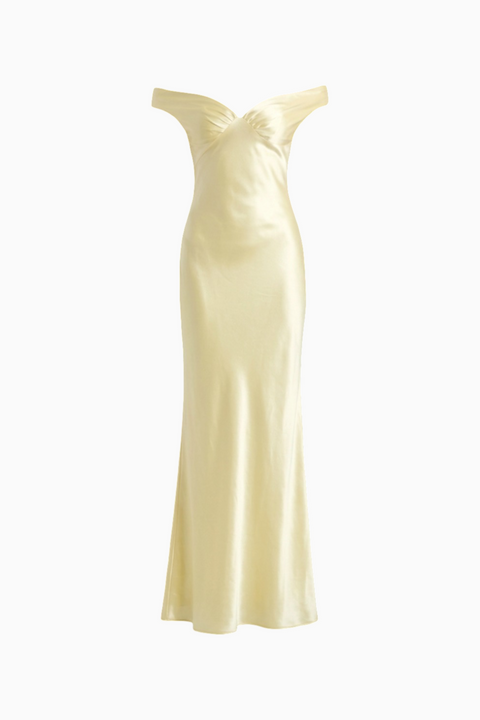 Pale Yellow Off-The-Shoulder Satin Maxi Dress