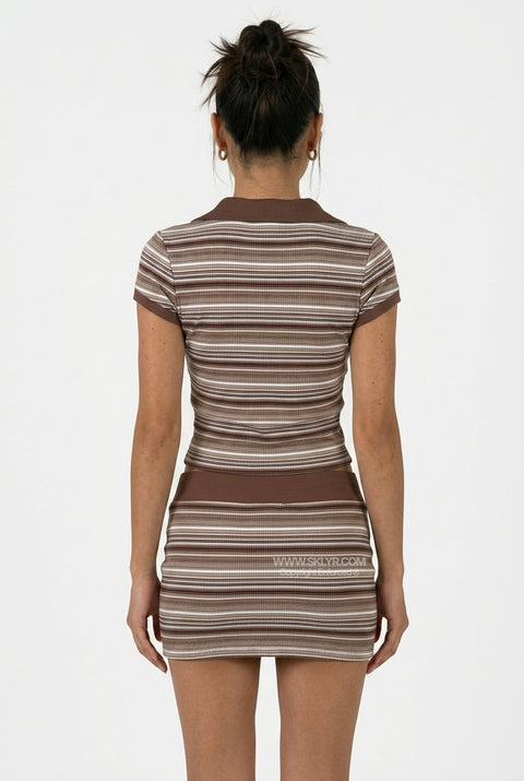 Brown Ribbed Crop & Skirt Set
