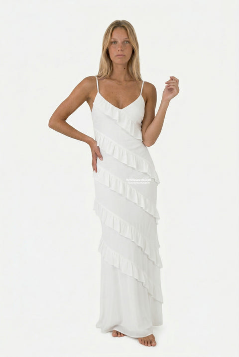 White Tiered Ruffle Flowing Maxi Dress