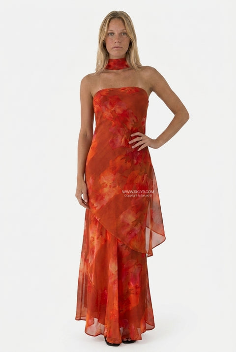 Burnt Orange Satin Maxi Dress