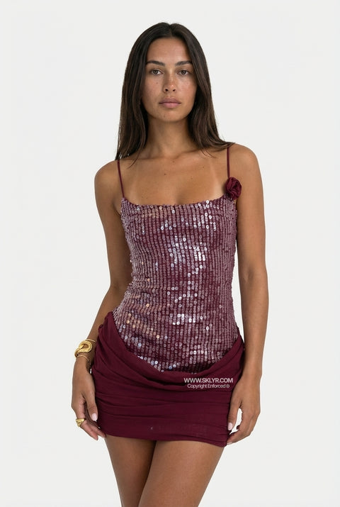 Pink Sequin Ruched Mini Dress