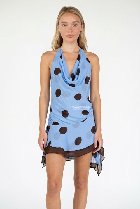 Light Blue Polka Dot Cowl Neck Halter Dress