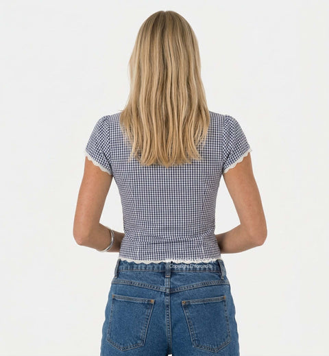 Blue Gingham Short Sleeve Button Top