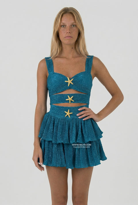 Rust Red Starfish Cutout Ruffle Mini Dress