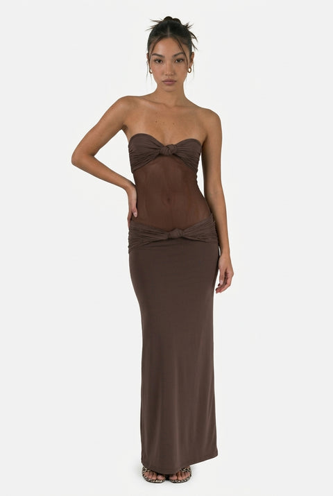 Brown Mesh Ruched Mini Dress