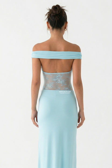 Ice Blue Off-The-Shoulder Maxi Dress