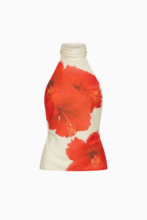 Red Hibiscus Floral Halter Neck Top