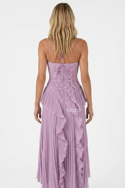 Lilac Ruffled Pleated Maxi Dress