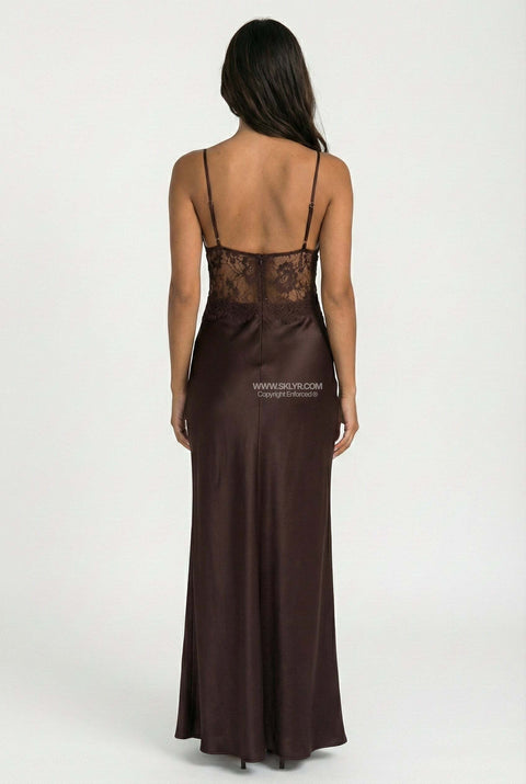 Brown Lace Bodice Satin Maxi Dress