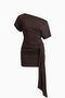 Brown Ruched Asymmetrical Draped Mini Dress