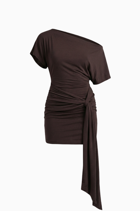 Brown Ruched Asymmetrical Draped Mini Dress