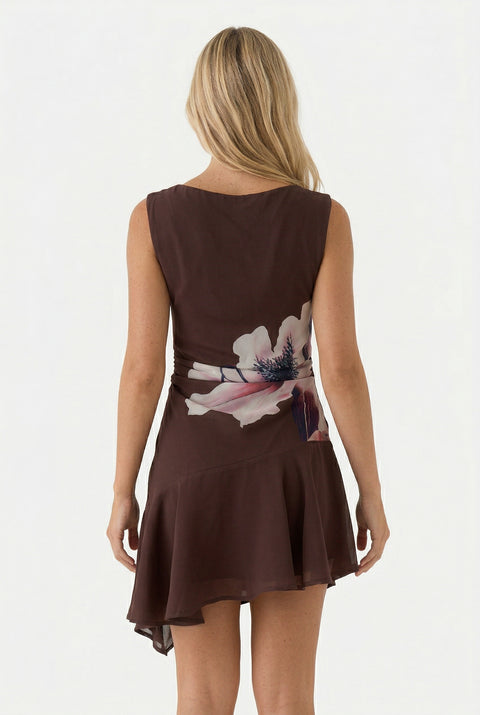 Chocolate Hibiscus Asymmetrical Ruffle Midi Dress