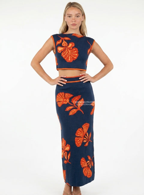 Blue Floral Crop & Skirt Set