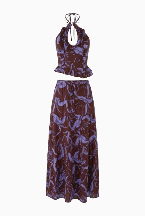 Deep Plum & Lavender Floral Tiered Maxi Set