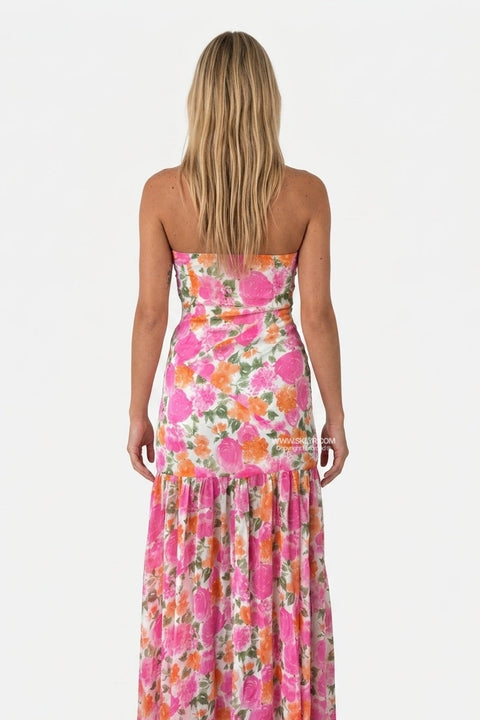 Pink Floral Ruched Midi Dress
