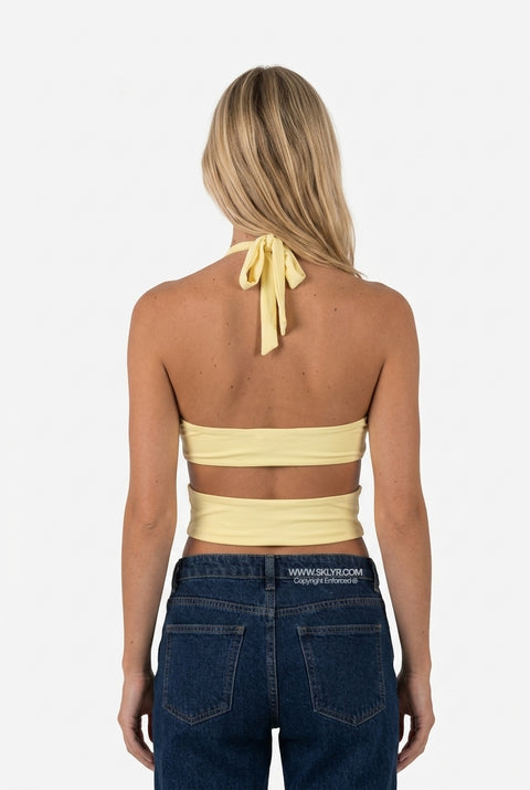 Yellow Ribbed Cut-Out Halter Top