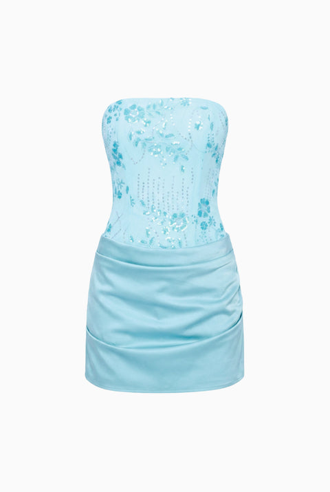 Light Blue Beaded Strapless Mini Dress