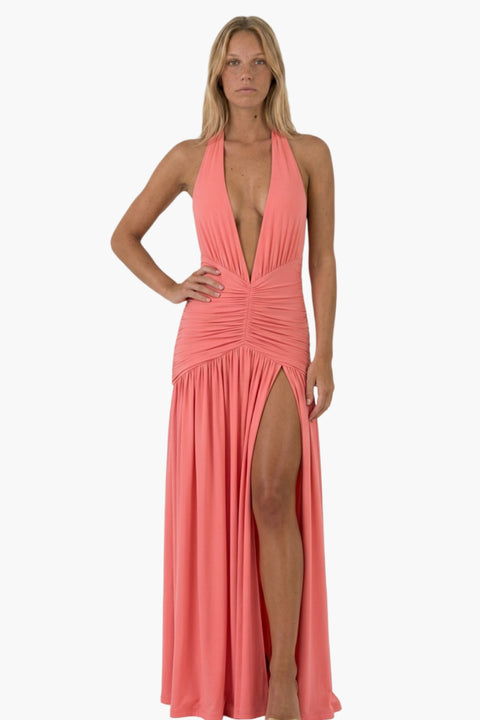 Coral Plunge Halter Maxi Dress