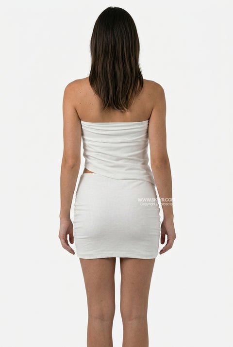 White Ruched Strapless Top & Mini Skirt Set