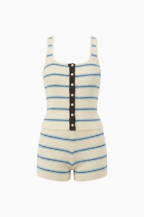 Square Neck Cream Blue Stripe Set