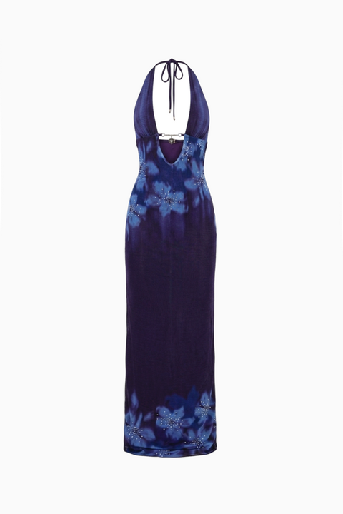 Midnight Bloom Halter Maxi Dress