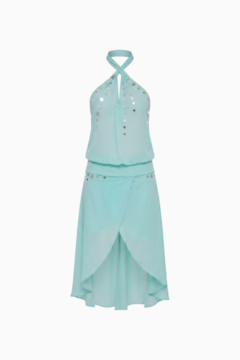 Mint Green Sequin Embellished Halter Dress