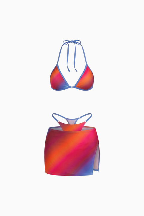 3-Piece Ombre Bikini Set with Skirt