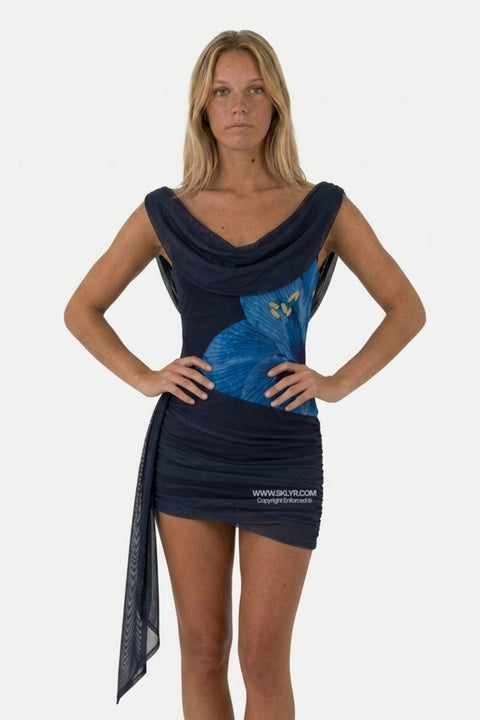 Navy Blue Floral Draped Mini Dress