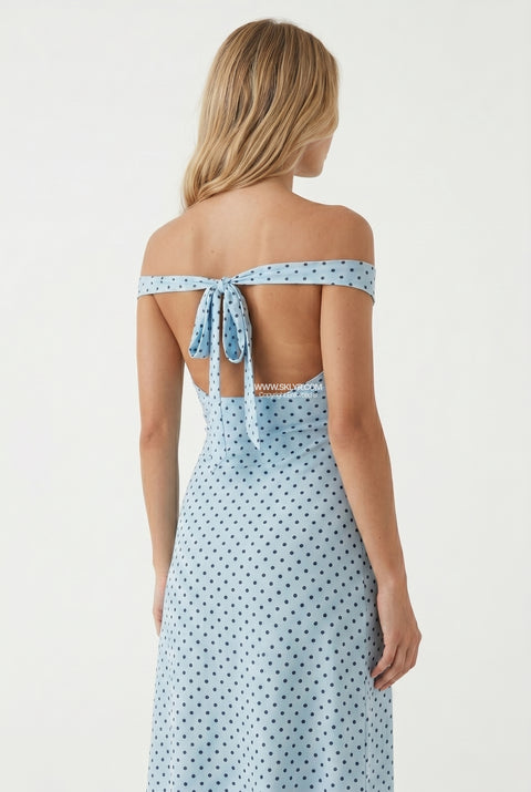 Baby Blue Ruched Bardot Polka Dot Long Dress