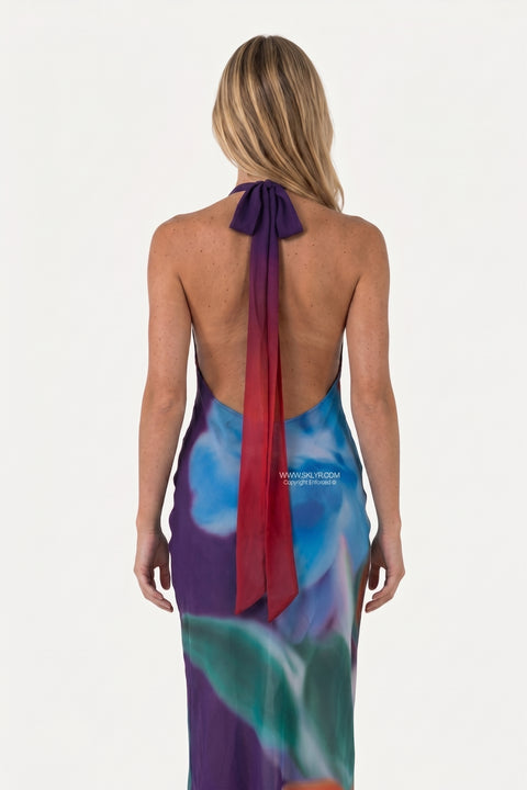 Plum Abstract Floral Halter Maxi Dress
