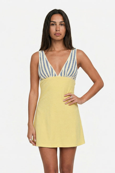 Striped & Yellow Patchwork Deep V-Neck Mini Dress