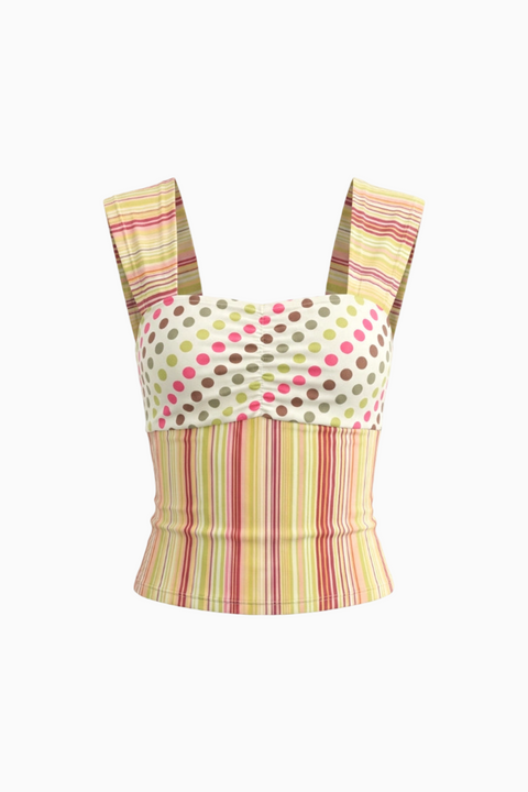 Yellow Polka Dot & Stripe Fitted Crop Top