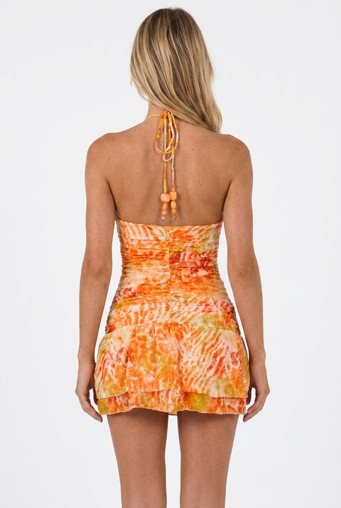 Patterned Cut-Out Halter Mini Dress