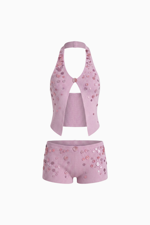 Embellished Knit Halter Top and Shorts Set