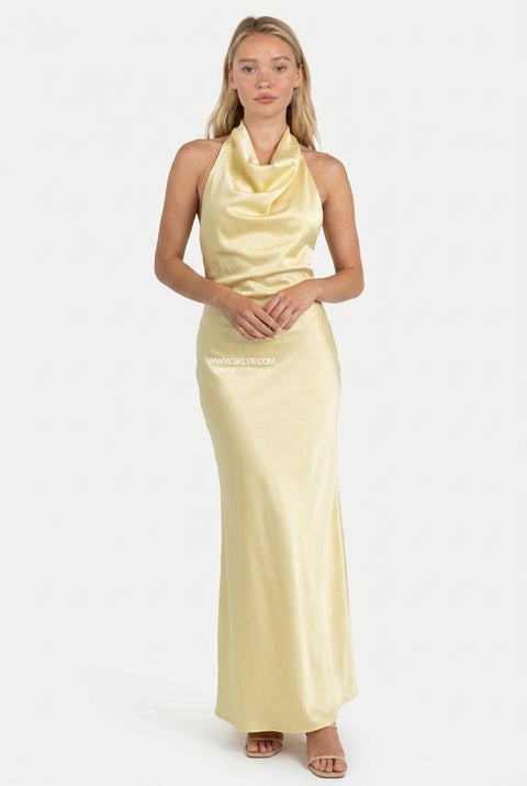 Light Blue Satin Halter Maxi Dress