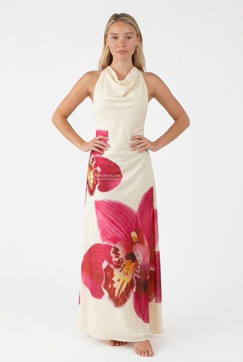Ivory Floral Draped Maxi Dress