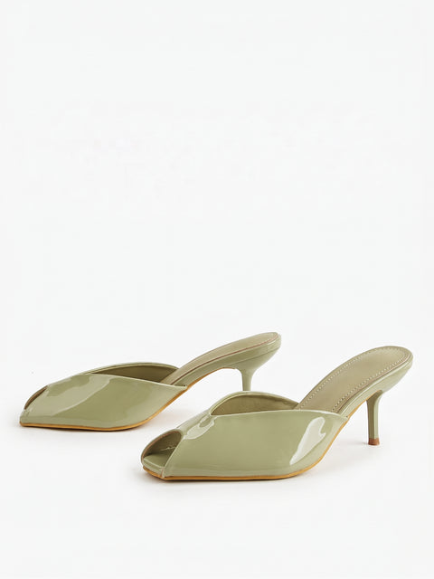 Green Patent Peep-Toe Kitten Heel Sandals