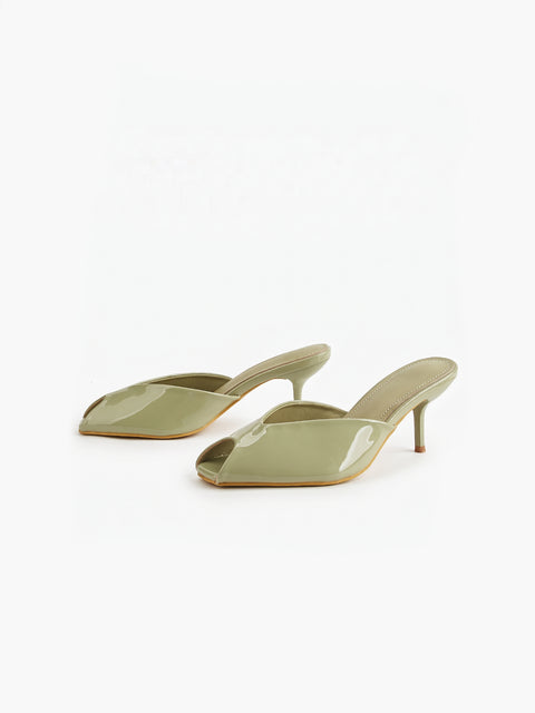 Green Patent Peep-Toe Kitten Heel Sandals