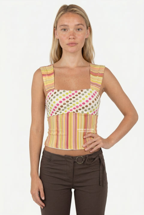 Yellow Polka Dot & Stripe Fitted Crop Top