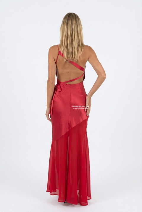 Vivid Red Fitted Satin Maxi Dress